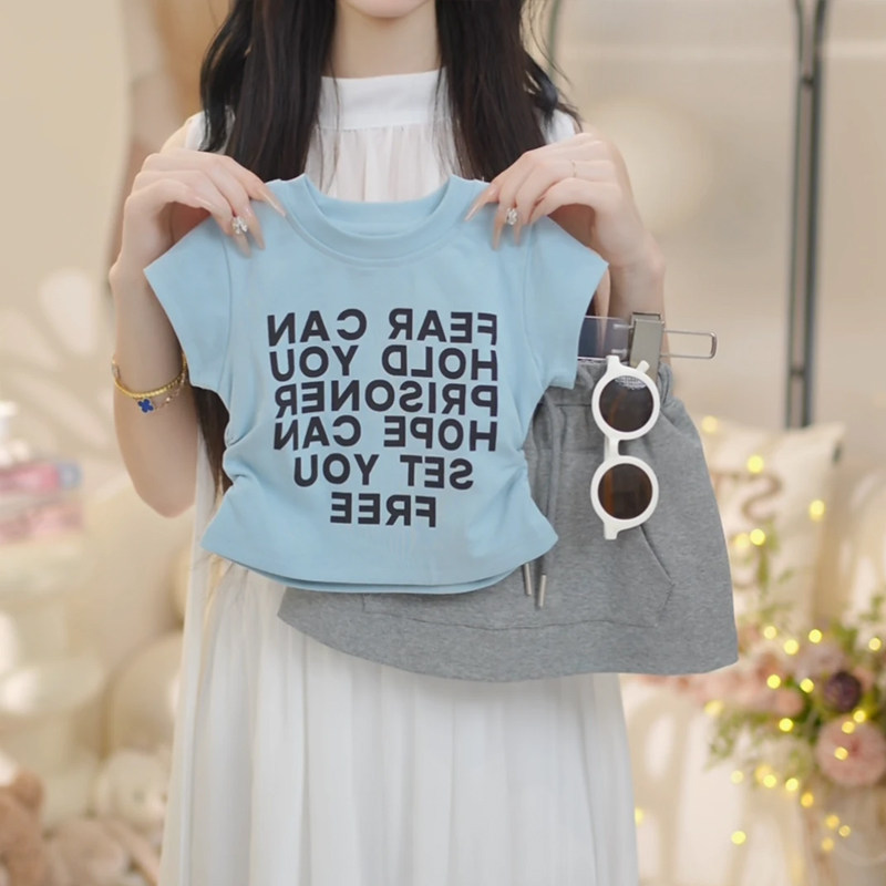 女童2026夏季新款纯色简约字母短袖半身裙两件套C26082