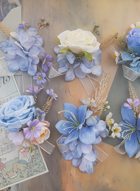 森系婚礼新郎伴郎胸花新娘伴娘结婚手腕花开业庆典手腕清新蓝白色