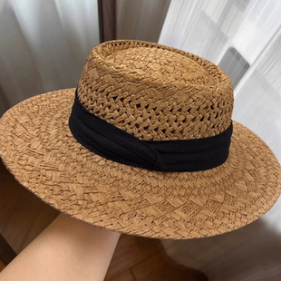 大头围编织镂空草帽女夏季 平顶加大帽檐户外海边度假显脸小遮阳帽