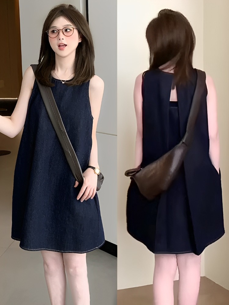 法式后背镂空无袖牛仔连衣裙女2025新款夏季小个子洋气减龄短裙子