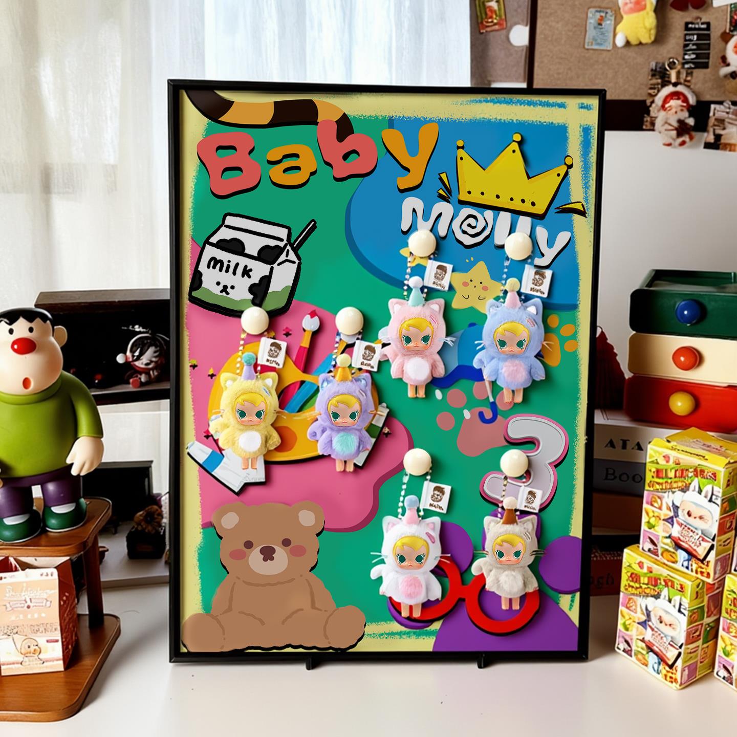 BabyMolly卡通风手办收纳盒展示相框泡泡玛特适用盲盒装饰画展示