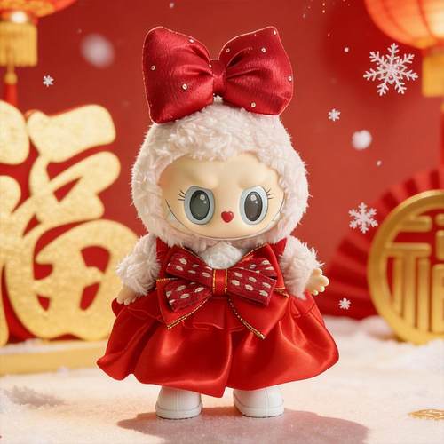 拉布布新年衣服一二三代labubu过年装扮喜庆红色裙子套装17cm娃衣