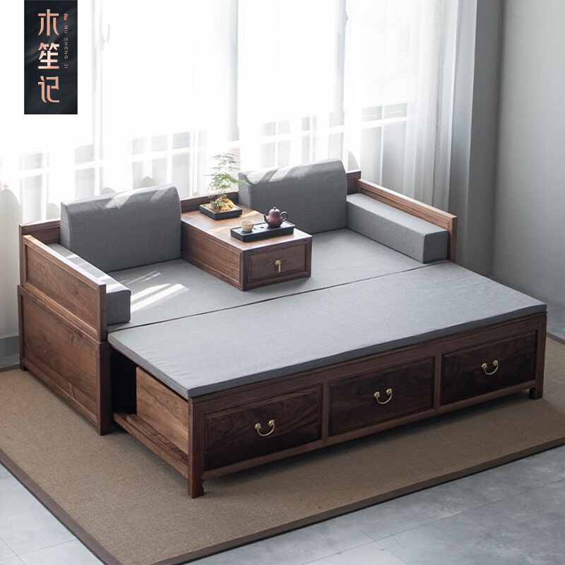 新中式罗汉床推拉床黑胡桃家俱实A木仿古床塌沙发禅意中式客厅卧