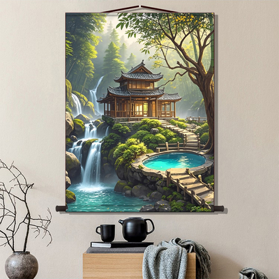 竹舍茅庐现代中式装饰画竹子卷帘卷轴挂画走廊客厅画茶室玄关挂画