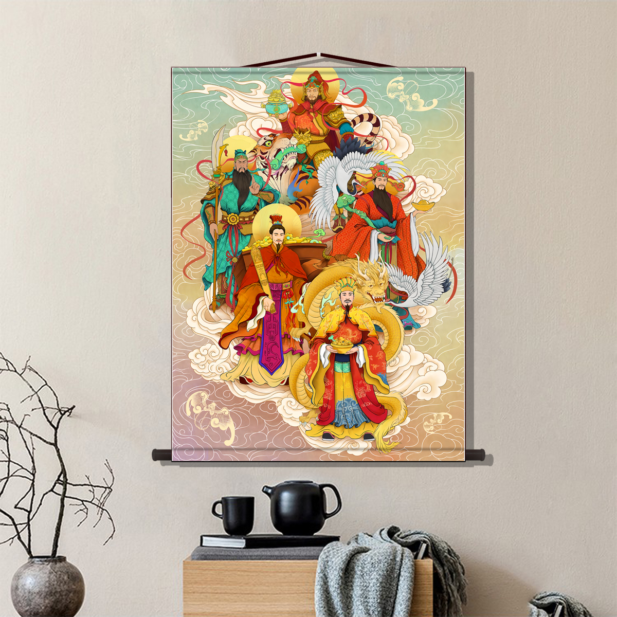 中式五路财神装饰挂画八方来财壁画客厅招财进宝墙画财神爷玄关画