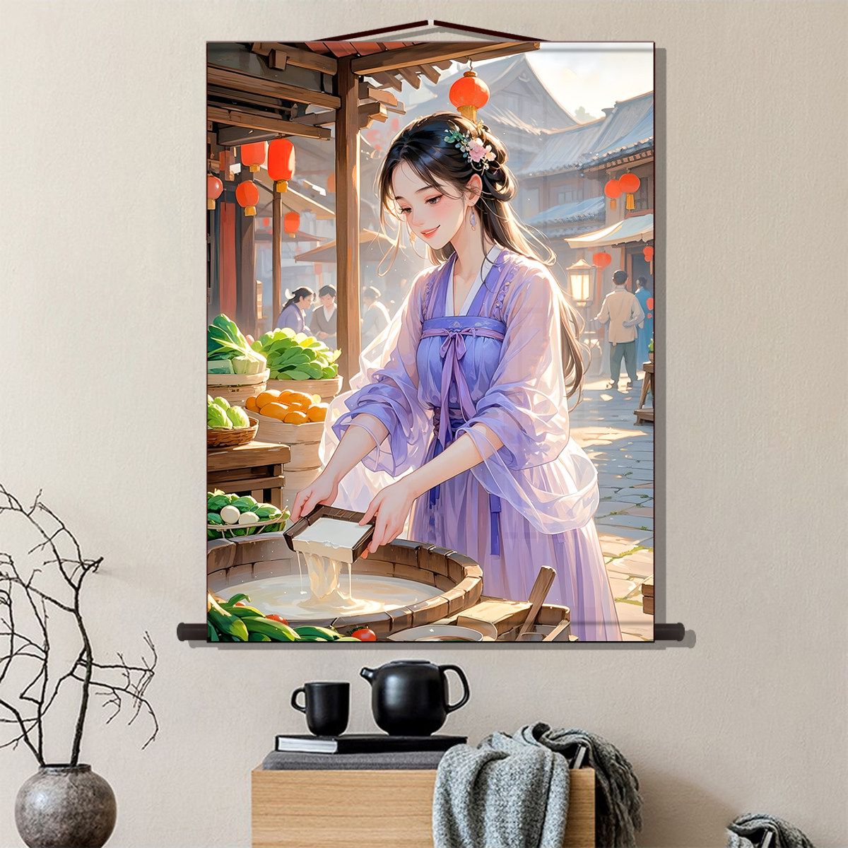 古画豆腐西施图卧室壁画装饰画卷轴画人物挂画茶楼书房仕女高清
