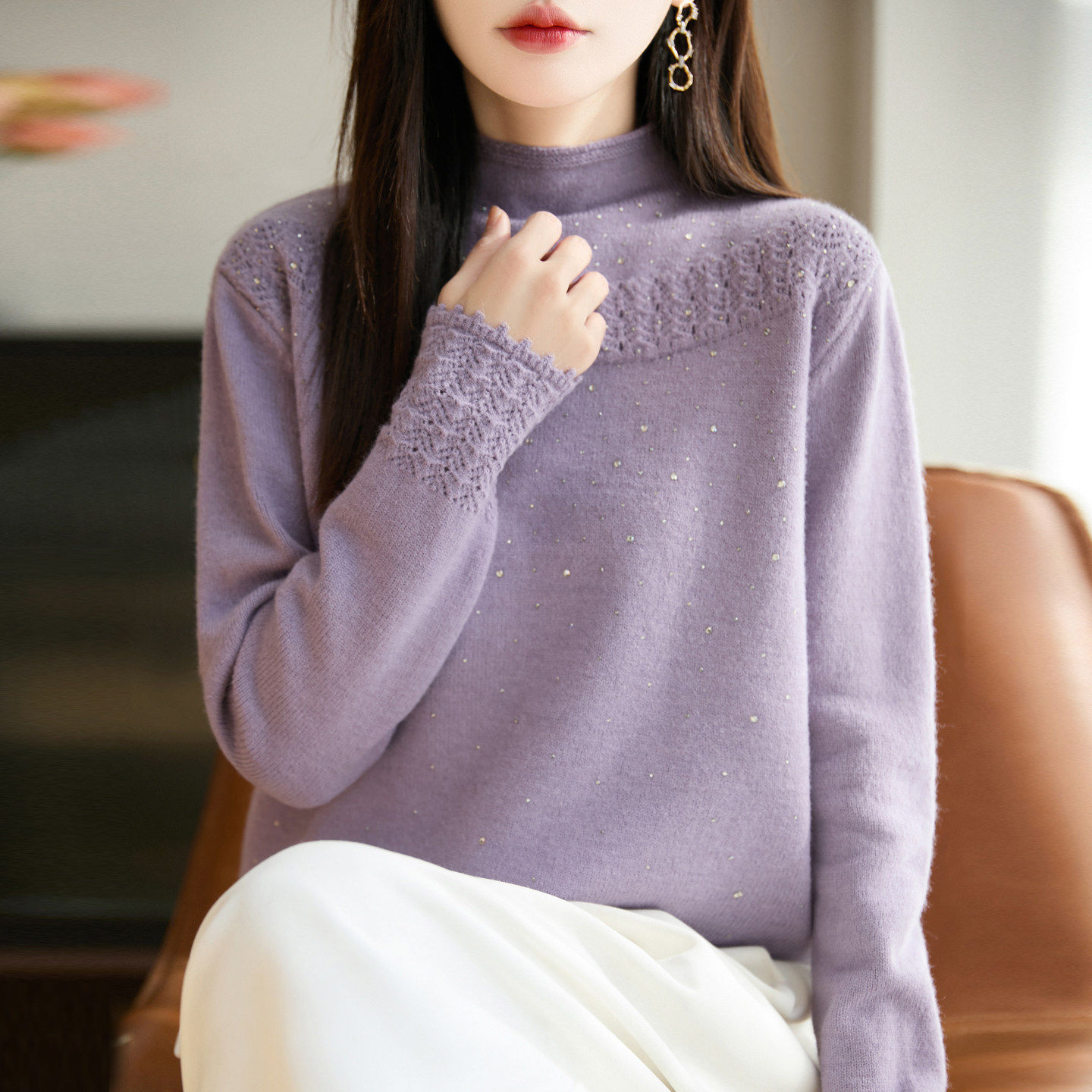 优雅风重工镶钻高领套头毛衣女