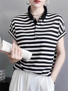 条纹设计感减龄上衣夏 正品 清仓新款 外贸POLO领冰丝短袖 T恤女薄款