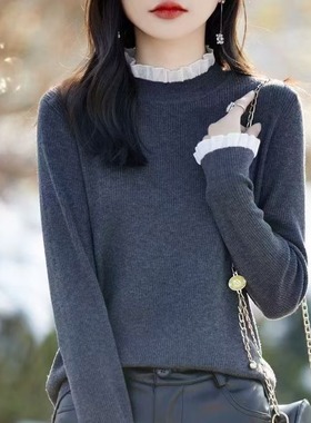 清仓折扣外贸捡漏秋冬季半高领蕾丝花边红色洋气针织内搭打底衫女