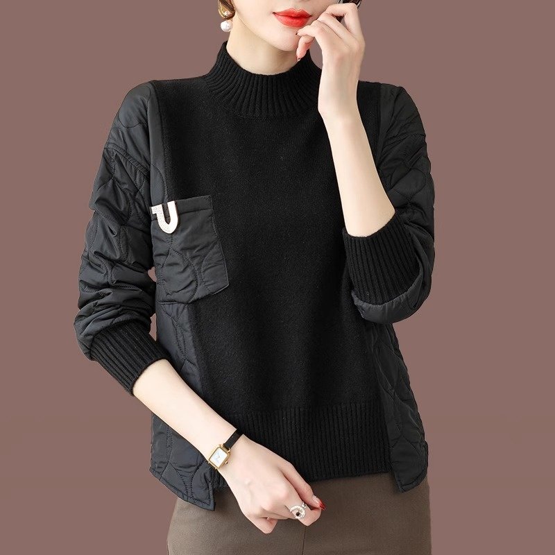 春秋款半高领羽绒棉拼接毛衣