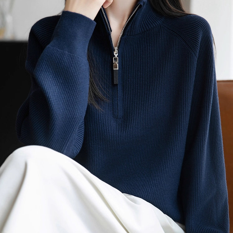 极简风半拉链高领针织衫女