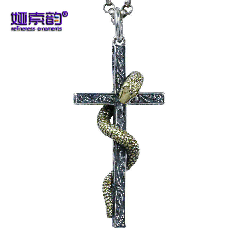 娅索韵复古蛇缠十字架吊坠男士女生哥特撒旦银饰品潮人银项链子