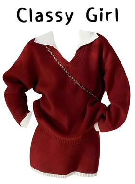 圣诞氛围感新年穿搭红色毛衣套装女秋冬宽松慵懒针织衫短裙两件套