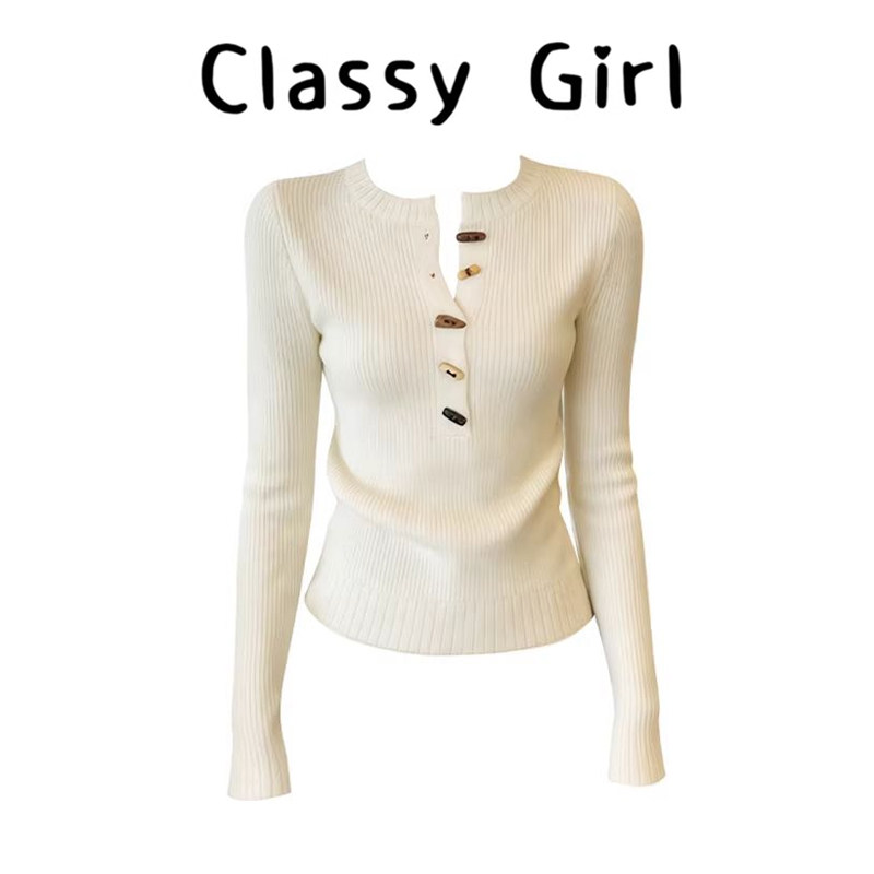 Classy girl 韩系多纽扣圆领针织衫女秋冬季修身显瘦百搭通勤上衣,女装/女士精品,大码内搭,淘宝优惠券,粉丝福利购,淘宝优惠卷