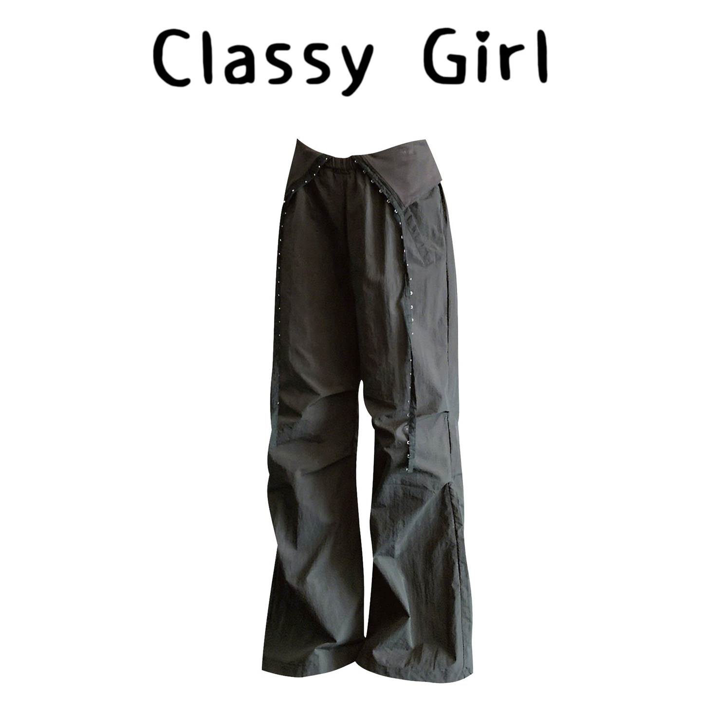 美式辣妹翻边烫钻薄款伞兵阔腿裤