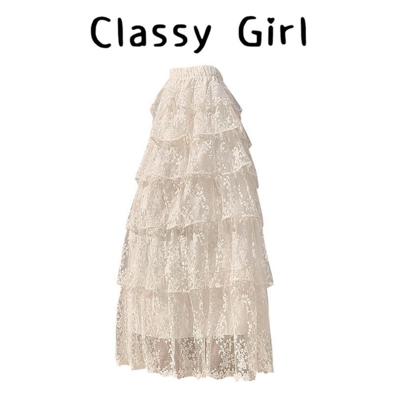 Classy girl 超好看杏色蕾丝A字半身裙女法式绝美蓬蓬蛋糕长裙子