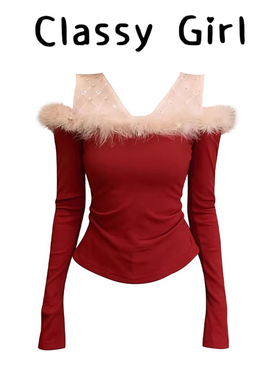 Classy girl 红色毛绒拼接蕾丝针织衫秋冬圣诞氛围感穿搭露肩上衣