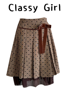Classy girl 波点半裙秋冬毛呢丝绒蝴蝶结A字中裙古早叠穿半身裙