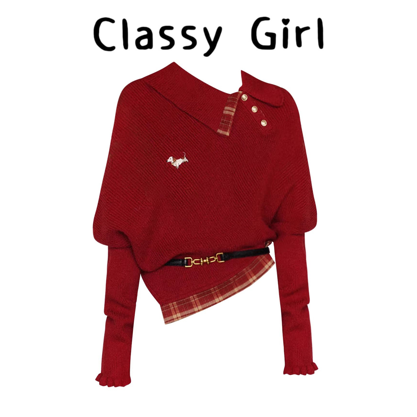 圣诞红色不规则翻领长袖毛衣女秋冬新款穿搭氛围感宽松针织衫上衣,女装/女士精品,大码内搭,淘宝优惠券,粉丝福利购,淘宝优惠卷