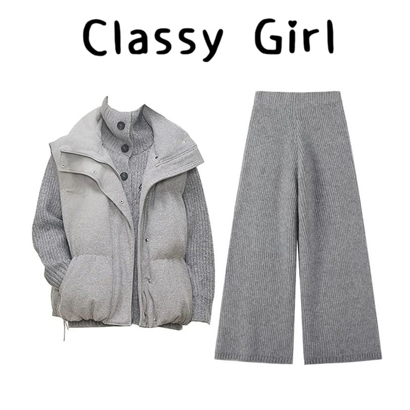 秋冬韩系棉服马甲阔腿裤三件套