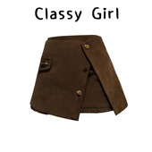 咖色美拉德穿搭半身裙女秋冬设计感爱心纽扣开叉短裙防走光裙裤