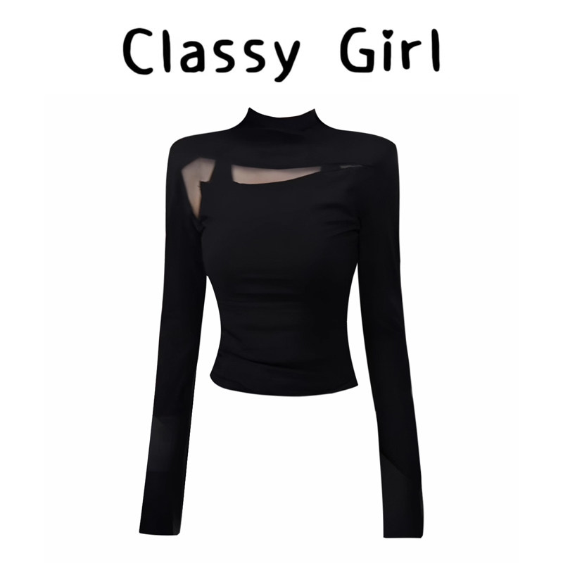 半高领网纱拼接黑色长袖打底T恤女秋冬气质辣妹风显瘦设计感上衣,女装/女士精品,大码内搭,淘宝优惠券,粉丝福利购,淘宝优惠卷