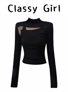 半高领网纱拼接黑色长袖打底T恤女秋冬气质辣妹风显瘦设计感上衣