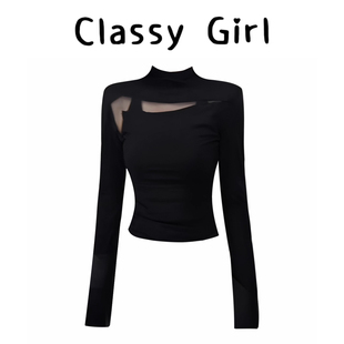 半高领网纱拼接黑色长袖 打底T恤女秋冬气质辣妹风显瘦设计感上衣