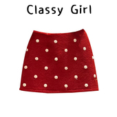 圣诞穿搭红色波点羊羔毛半身裙女2025秋冬高腰小个子A字包臀短裙