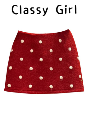 圣诞穿搭红色波点羊羔毛半身裙女2025秋冬高腰小个子A字包臀短裙