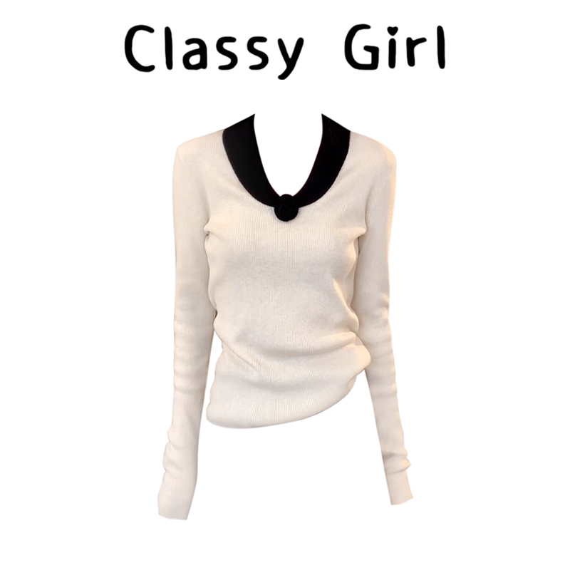 秋冬小香风撞色V领针织衫上衣