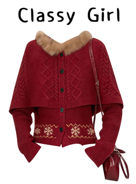 新年穿搭红色毛领连帽针织毛衣女秋冬季加厚修身内搭打底斗篷上衣