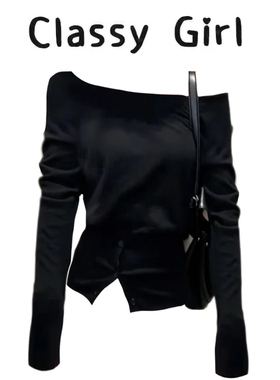 Classy girl 高级感不规则斜肩长袖t恤女早秋露肩显瘦别致上衣潮