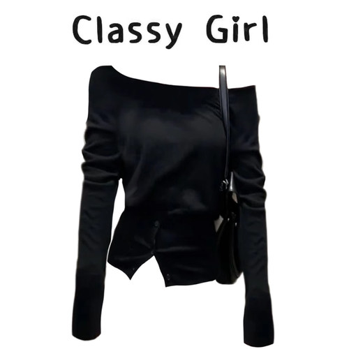 早秋不规则斜肩长袖t恤