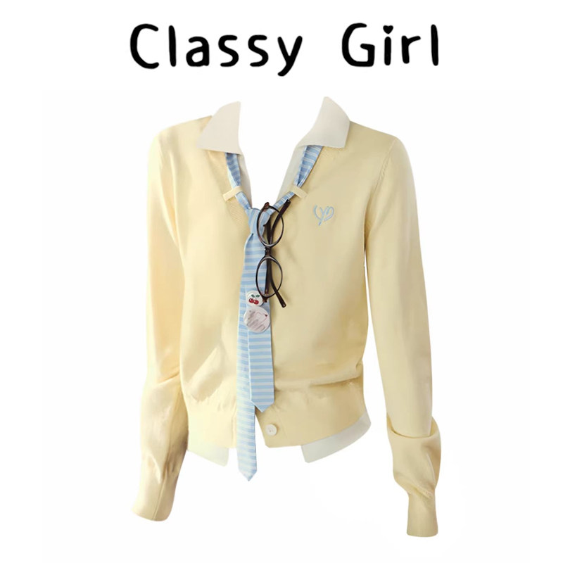 韩系减龄百搭条纹领带撞色假两件针织开衫女春季甜美时尚显瘦上衣,女装/女士精品,大码内搭,淘宝优惠券,粉丝福利购,淘宝优惠卷