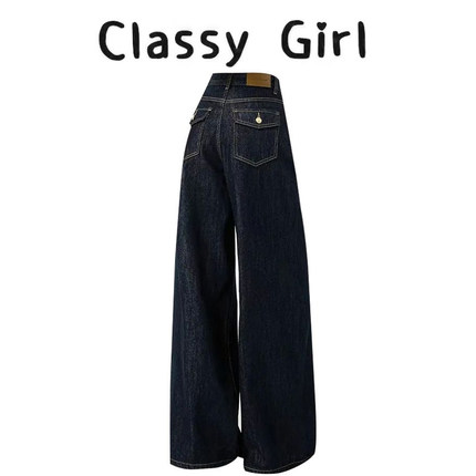 丹宁蓝阔腿原色牛仔裤女秋季新款美式复古直筒宽松拖地休闲长裤