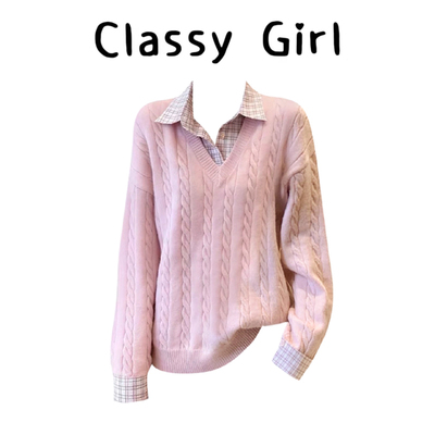 秋冬韩系假两学院风针织衫上衣