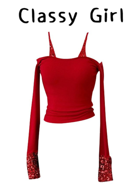 辣妹风性感一字肩亮片红色长袖T恤女秋冬新款修身显瘦设计感上衣
