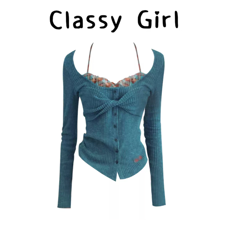 秋冬小众显瘦假两件内搭长袖上衣