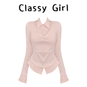 甜美温柔格子polo领假两件内搭打底衫 T恤 收腰长袖 女秋季 百搭修身