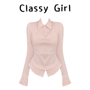 收腰长袖 百搭修身 T恤 女秋季 甜美温柔格子polo领假两件内搭打底衫