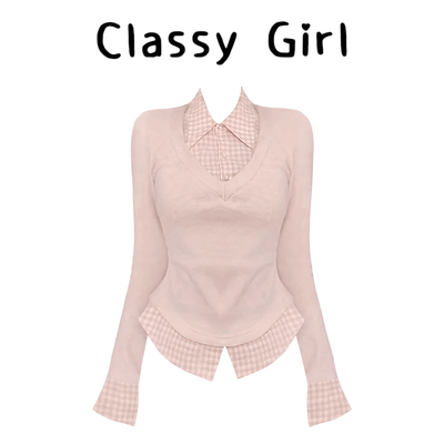 秋冬百搭修身收腰假两件T恤上衣