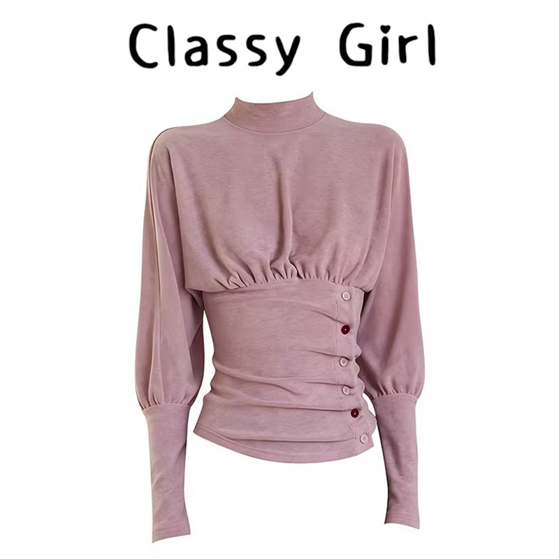 Classy girl 「云漫」新中式高领T恤修身收腰褶皱纽扣针织打底衫,女装/女士精品,大码内搭,淘宝优惠券,粉丝福利购,淘宝优惠卷