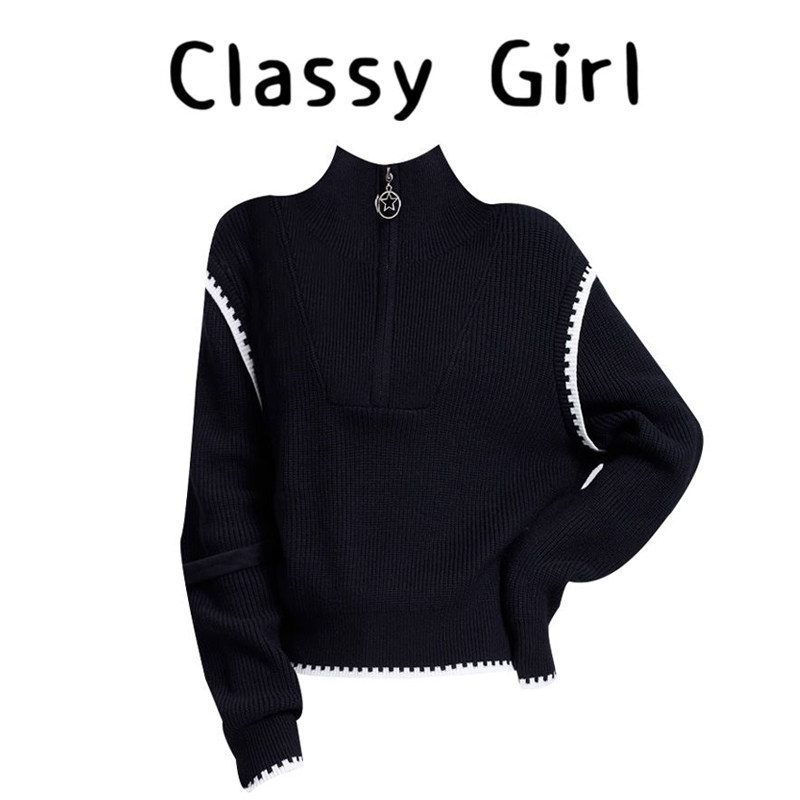 秋冬半拉链高领拼色针织毛衣上衣