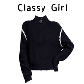 黑色半拉链高领毛衣女秋冬2025新款 Classy girl 宽松拼色针织上衣