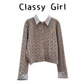 毛衣外套内搭打底衫 灰色麻花纹假两件POLO针织开衫 长袖 秋冬上衣女