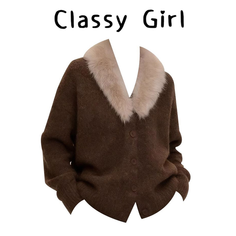 2026新款老钱风宽松复古咖色毛毛领针织单排纽扣毛衣厚外套女秋冬,女装/女士精品,大码内搭,淘宝优惠券,粉丝福利购,淘宝优惠卷