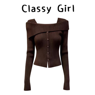 气质温柔风一字肩针织毛衣女秋冬小众设计感复古修身 显瘦内搭上衣