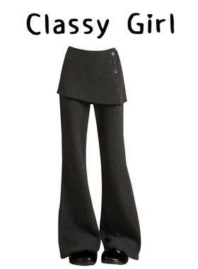 深灰色加绒糯米微喇叭裤女2025秋冬新款显瘦假两件屁帘休闲厚棉裤