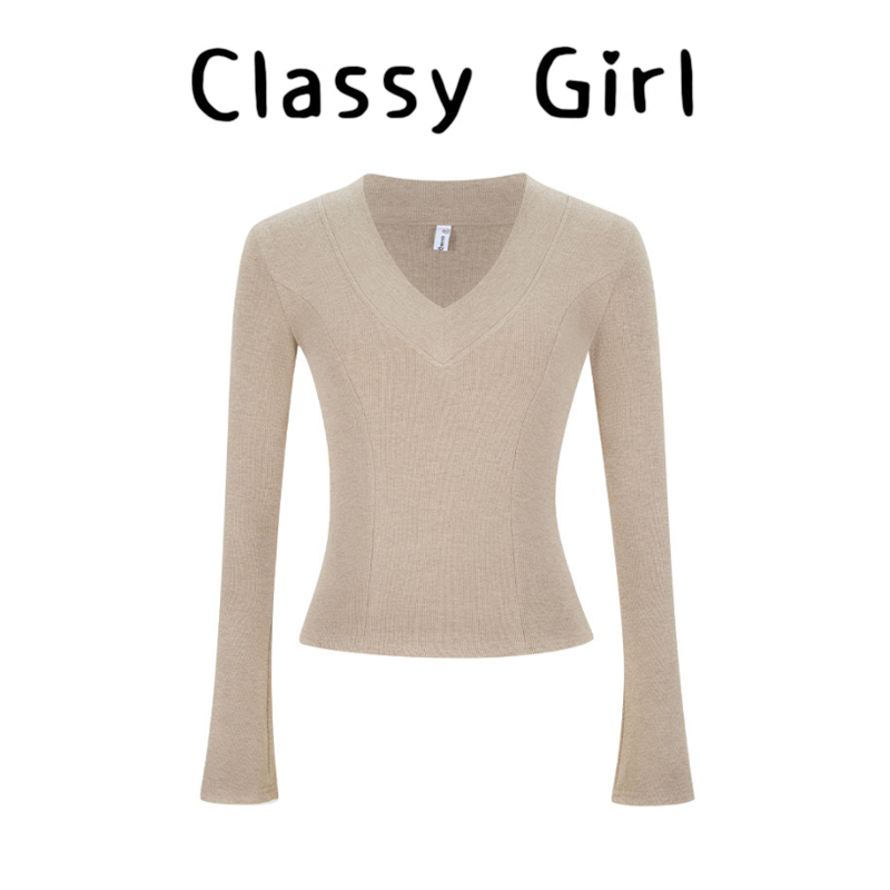 秋冬辣妹深V领修身打底衫上衣